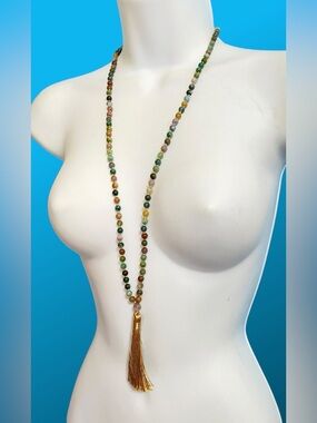 Bohemian Stone Beads Long Necklace Silk Tassel